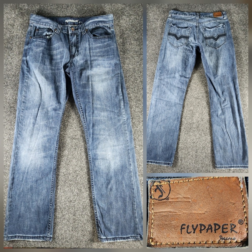 Flypaper Jeans Men's 32x32 Straight Fit Blue Denim Whiskered Embroidered Pocket
